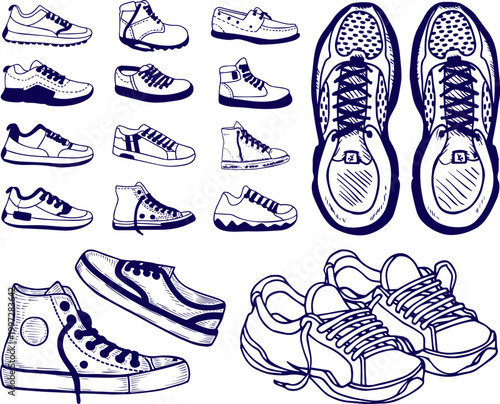 Hand Drawn Shoes Collection, Various Sneakers Boots and Casual Footwear Sketch Vector Illustration