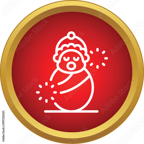 White line art screaming baby icon inside a red circle with gold border