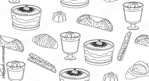 Seamless vector pattern featuring hand drawn Italian desserts like tiramisu cannoli panna cotta and biscotti in black line art style