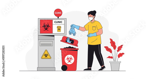 Healthcare worker disposing of biohazard waste in clinic bin, safety and hygiene concept