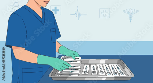 Healthcare worker in blue scrubs and gloves preparing medical syringes on a tray
