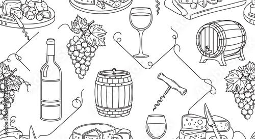 Seamless Vector Pattern of Wine and Cheese Elements Featuring Bottles Grapes Barrels Glasses and Corkscrews in Hand Drawn Line Art Style