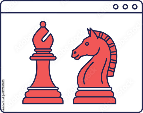 Chess Strategy Concept with King and Knight Pieces in Browser Window Vector Illustration for Online Gaming, Planning, Tactics, and Business Strategy Design