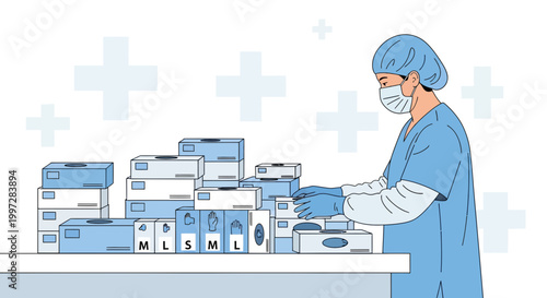 Healthcare worker in mask and gloves organizing medical supplies boxes, hospital inventory management
