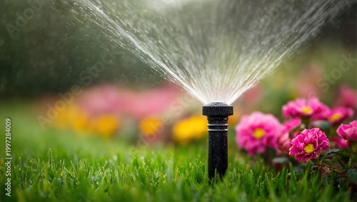 Sprinkler watering a vibrant green lawn with colorful flowers in the background.