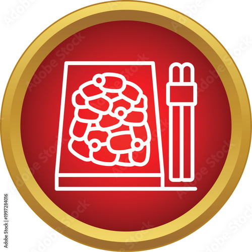 Sushi rice and roe with chopsticks in a red and gold circular icon