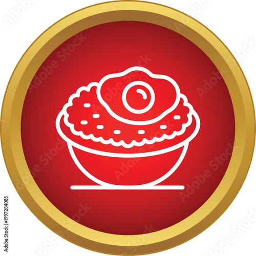 Korean bibimbap dish featuring rice and egg in a red circle gold border icon