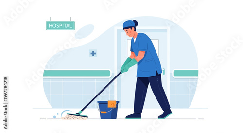Hospital cleaner mopping floor in hallway, hygiene and healthcare concept