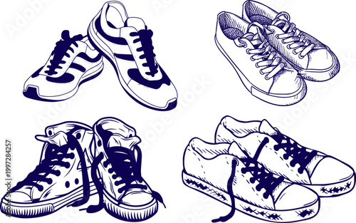 Sneakers Outline Set, Different Casual Trainers Shoes Line Art Vector Illustration Collection