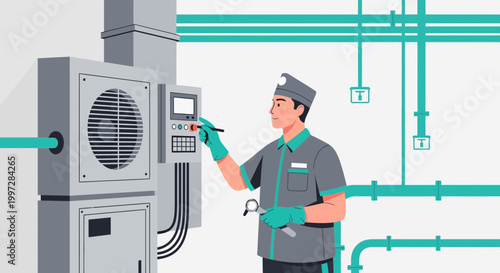 HVAC Technician Inspecting Control Panel of Air Conditioning Unit