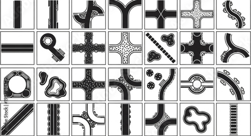 Collection of road intersections and junctions in black and white.