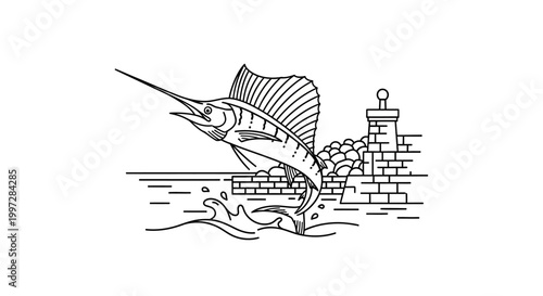 Sailfish Leaping from Water Near Brick Structure in Black and White.