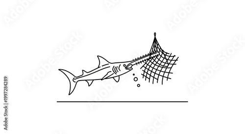 Sawfish Struggles Against Fishing Net in Simple Black and White Illustration.