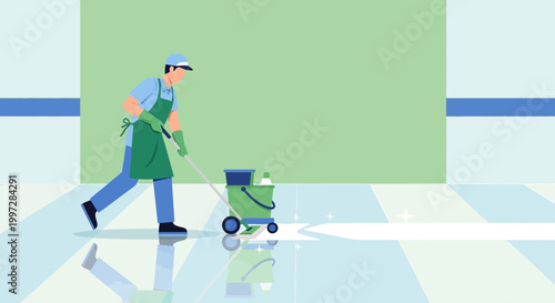 Janitor cleaning a shiny floor with a mop and bucket, professional cleaning service