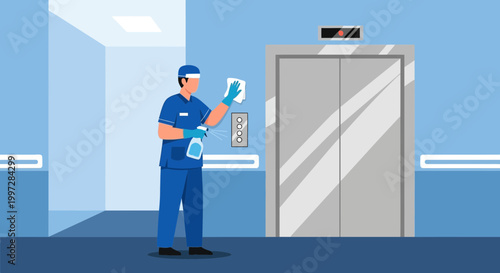 Janitor cleaning elevator buttons with disinfectant spray for hygiene and safety