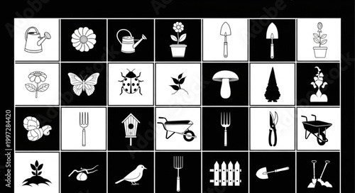 Collection of Garden Tools and Nature Icons.