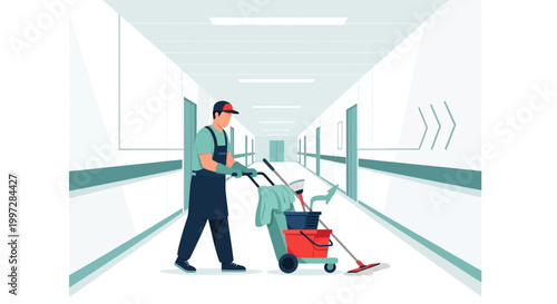Janitor Pushing Cleaning Cart Down Hospital Corridor