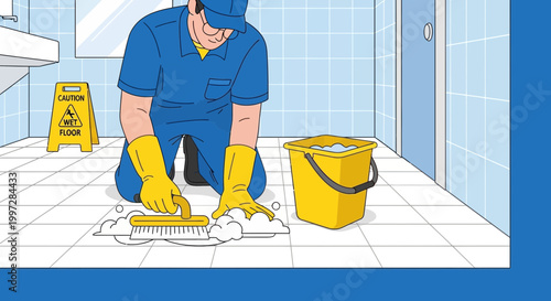 Janitor scrubbing wet floor with caution sign in background