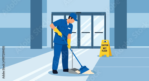Janitor Sweeping Entrance Area with Caution Wet Floor Sign
