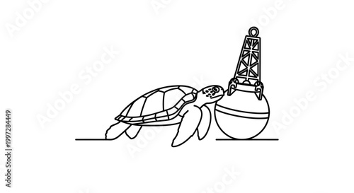 Sea Turtle Interacting with a Buoy in the Ocean, Black and White.