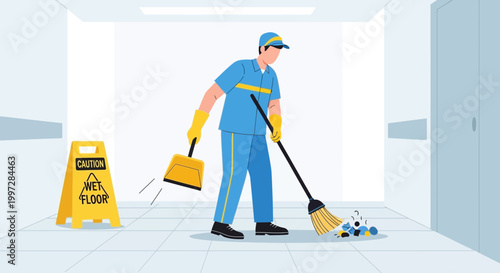 Janitor Sweeping Hallway With Wet Floor Sign