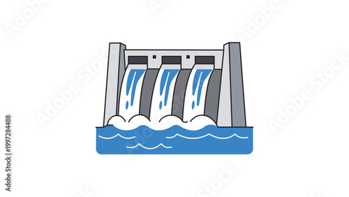 Hydroelectric Dam Wall with Water Flowing Through Spillways, Modern Flat Vector Icon Illustration with Editable Stroke for Renewable Energy, Power Generation, and Infrastructure Projects.