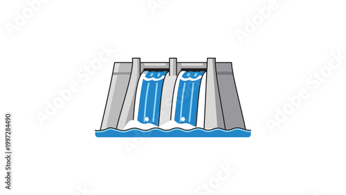 Hydroelectric Dam Wall Vector Icon with Water Flowing through Spillways. Modern Flat Illustration for Renewable Energy and Infrastructure Projects. Editable Stroke Line Art on White Background.