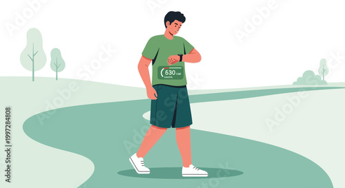 Man checking smartwatch during outdoor run, fitness tracker, active lifestyle, sports concept