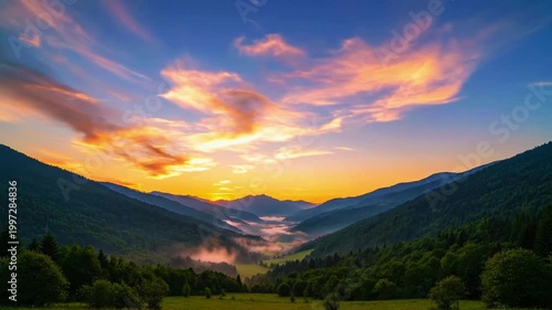 a tranquil sunrise valley with thin clouds flowing slowly across wide view 