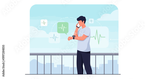 Man checking smartwatch health data and talking on phone on balcony with city skyline