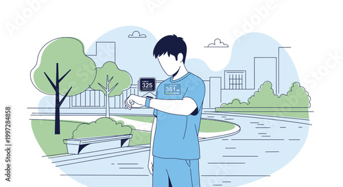 Man checking smartwatch for fitness data during outdoor run in park, health tracking