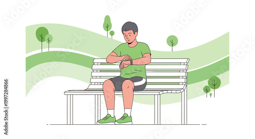 Man checking smartwatch on park bench, healthy lifestyle, outdoor activity, nature background