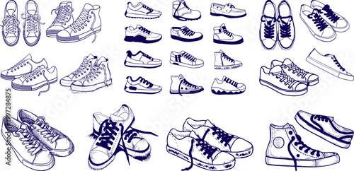 Simple Trainers Shoes Vector Drawing, Minimal Sneakers Outline Sketch Isolated Illustration