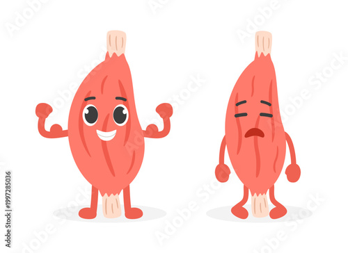 Healthy and weak muscle characters comparison. Strong vs fatigued muscle concept, fitness, strength, atrophy, and body condition awareness. Modern flat cartoon vector illustration