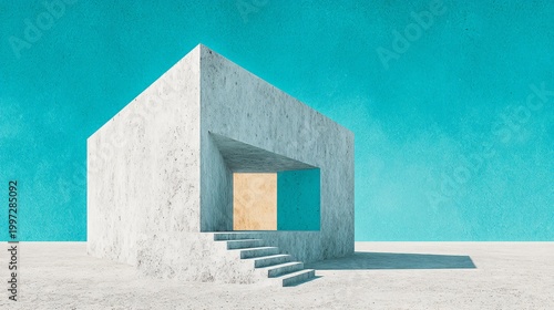 Abstract architectural composition featuring a minimalist concrete structure with a central opening and ascending steps against a vibrant turquoise sky.