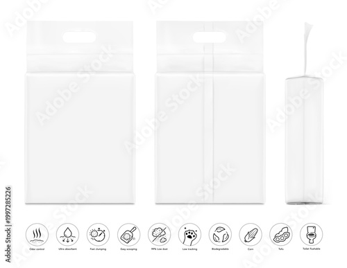 Vacuum bag with handle mockup set for cat litter with set icons. Front, back and side views. Vector illustration isolated on white background. Ready for use in presentation, advertising. EPS10. 