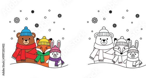 Winter Animals Coloring Page with Snowfall