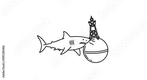Shark and Buoy Illustration - Simple Black and White Line Art.