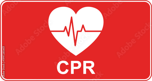 CPR Emergency Sign with Heartbeat Line Icon Red Medical Information Board Vector Illustration for First Aid Response, Life Saving Training, and Healthcare Safety Signage