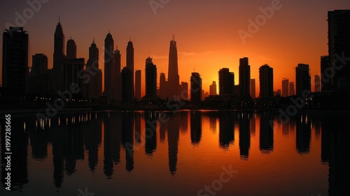 City skyline silhouetted against sunset sky reflecting in calm water