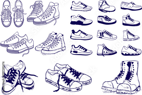 Footwear Illustration Set, Teenage Sneakers Boots and Casual Shoes Line Art Vector Collection