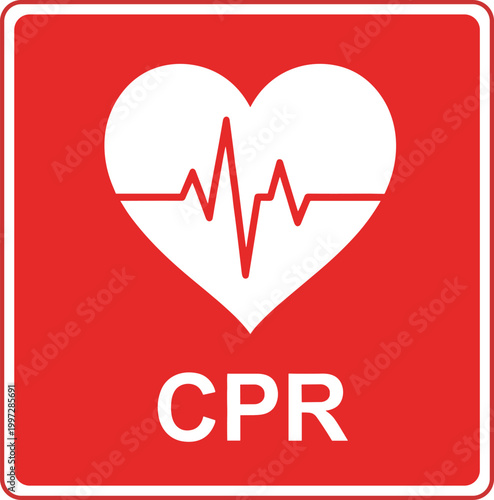 CPR Emergency Sign with Heartbeat Pulse Icon Red Medical Symbol Vector Illustration for First Aid, Life Saving Procedures, Healthcare Training, and Safety Signage