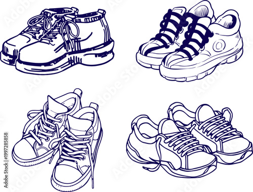 Running Sneakers Vector Set, Minimalist Sport Shoes Outline Icons and Casual Footwear Line Art Illustration