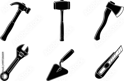 Hand Tools Set with Hammer, Axe, Wrench, Trowel, and Utility Knife for Construction, Repair, and DIY Projects