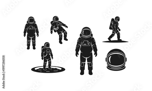 Astronauts in space suits walking and standing