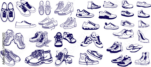 Sport Sneakers Outline Collection, Running Shoes and Casual Footwear Minimal Line Vector Illustration