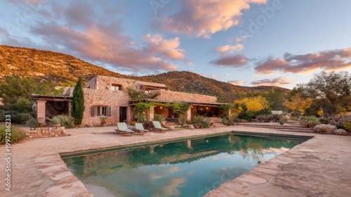 Luxury villa with swimming pool under cloudy sky at sunset
