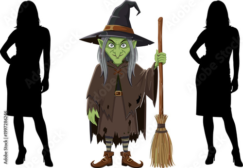 Illustration of a Wicked Witch with Broomstick and Silhouettes of Women for Halloween and Fantasy Designs