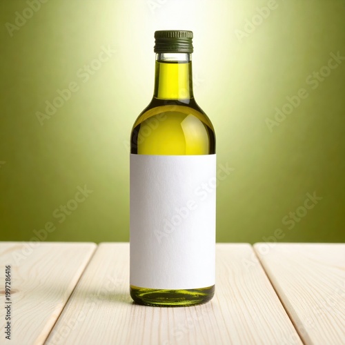Glass bottle of olive oil with blank white label on rustic wooden surface, ideal for culinary branding, kitchen product mockup, healthy nutrition