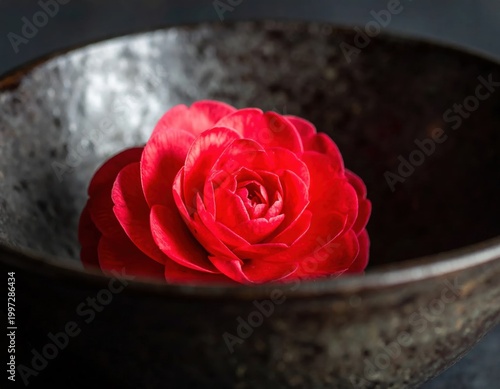 vibrant red camellia flower floating in a rustic dark ceramic bowl, serene zen atmosphere for spa, mindfulness, wellness, floral decor, elegant still life